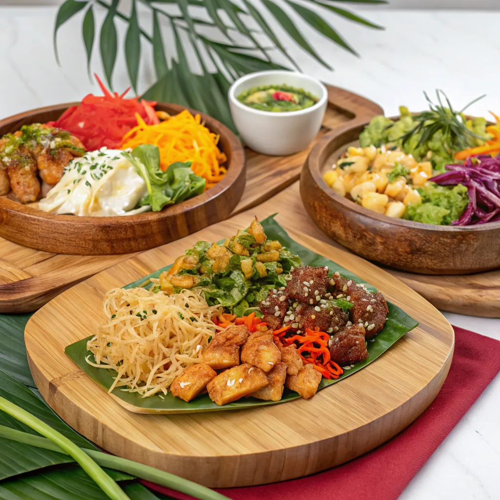 A vibrant display of Asian fusion dishes